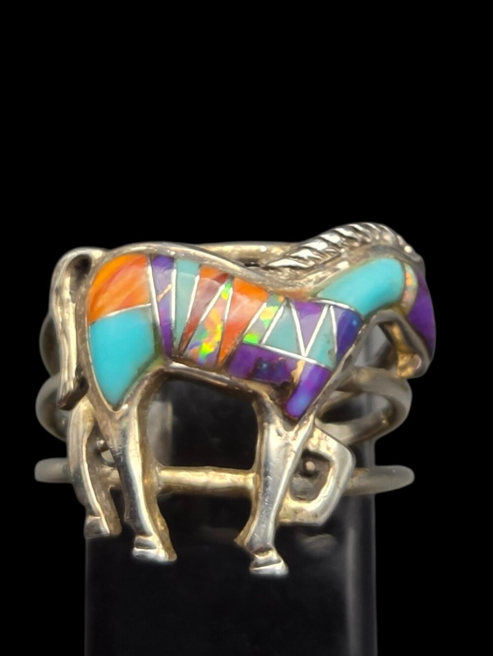 Sterling Silver Multicolor Inlay Horse Ring - Turquoise, Purple & Orange